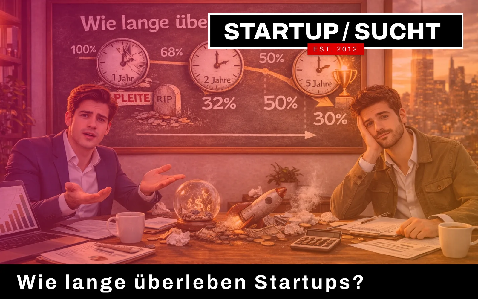 Eine lebendige und moderne Illustration über: Wie lange überleben Startups?
