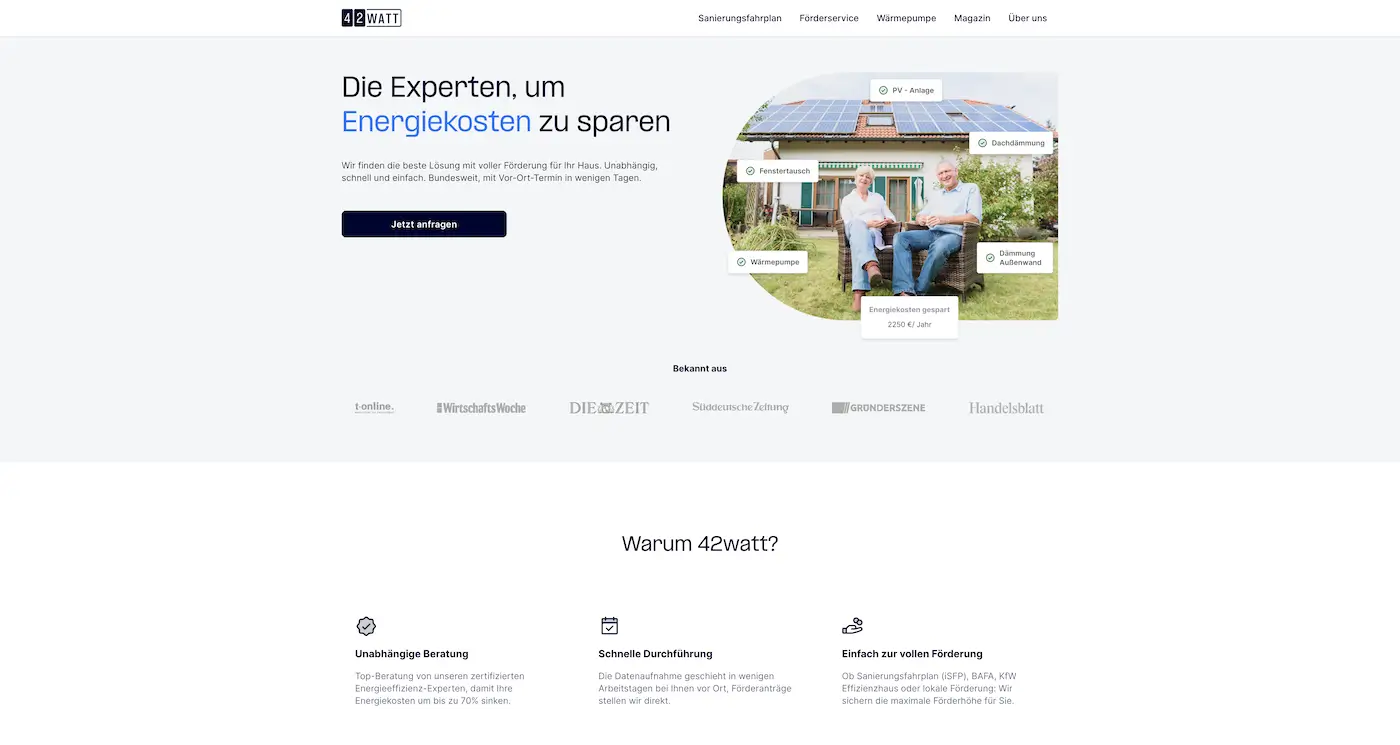 Screenshot der Webseite des Startups 42Watt