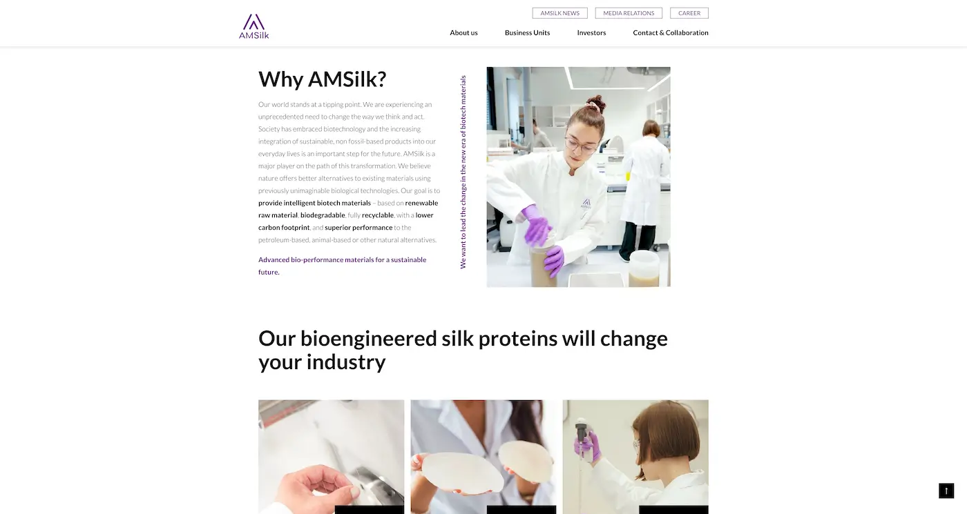 Screenshot der Webseite des Startups AMSilk