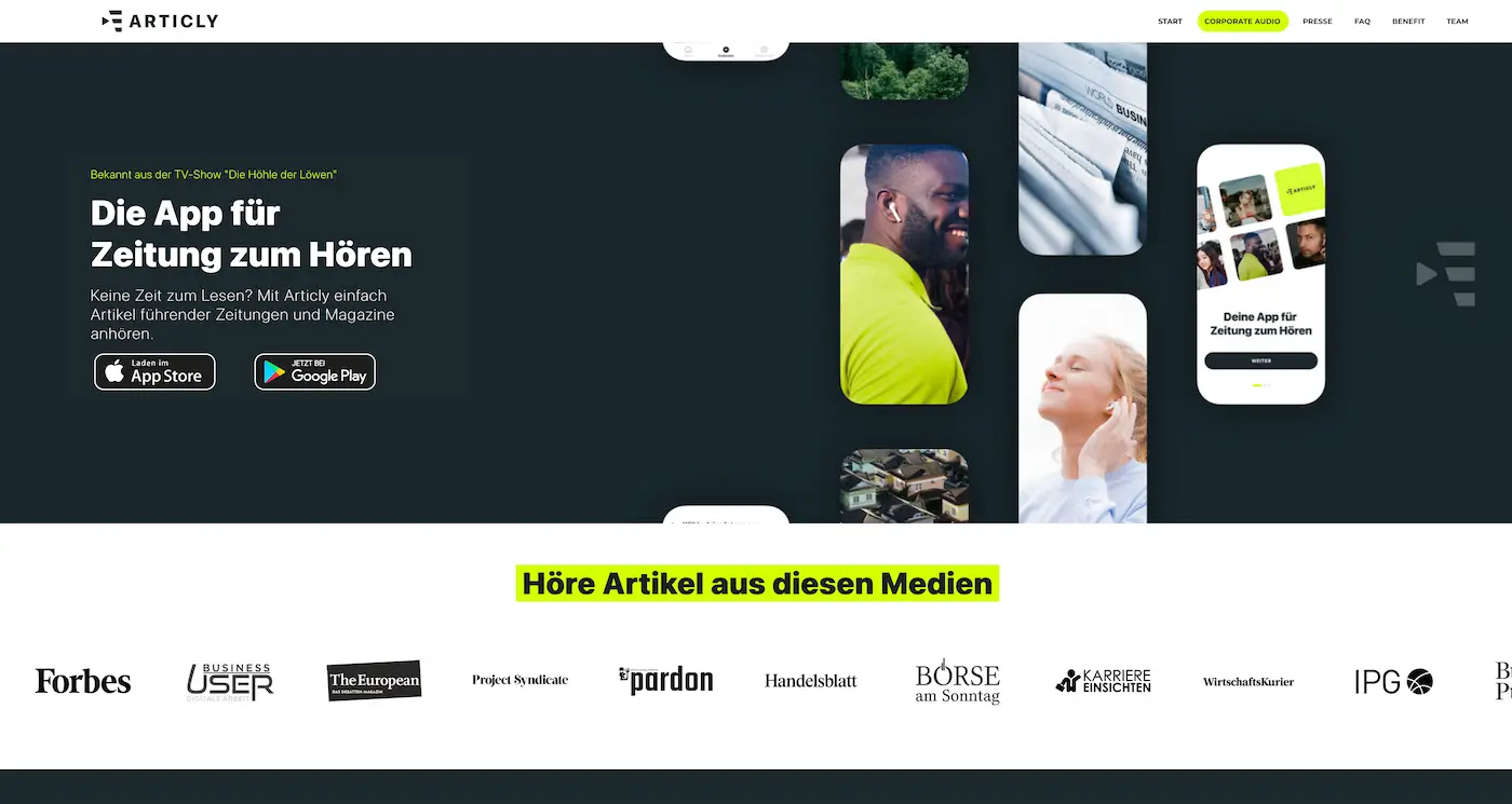 Screenshot der Webseite des Startups ARTICLY