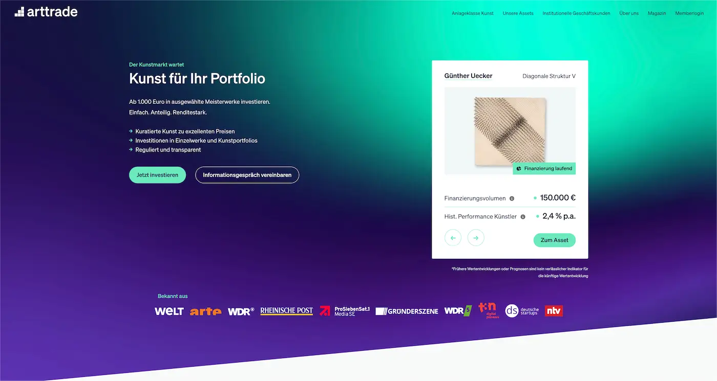 Screenshot der Webseite des Startups Arttrade
