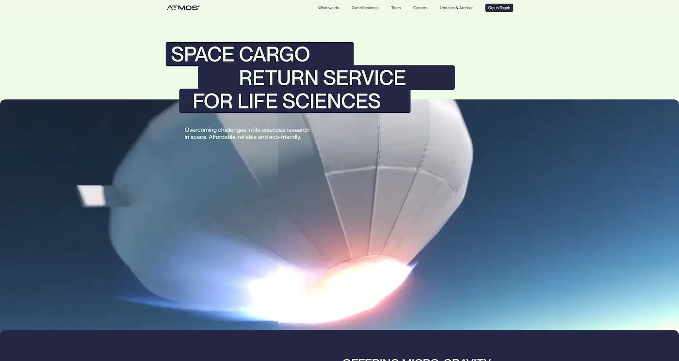 Screenshot der Webseite des Startups ATMOS Space Cargo