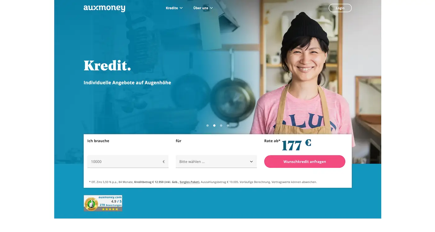 Screenshot der Webseite des Startups Auxmoney