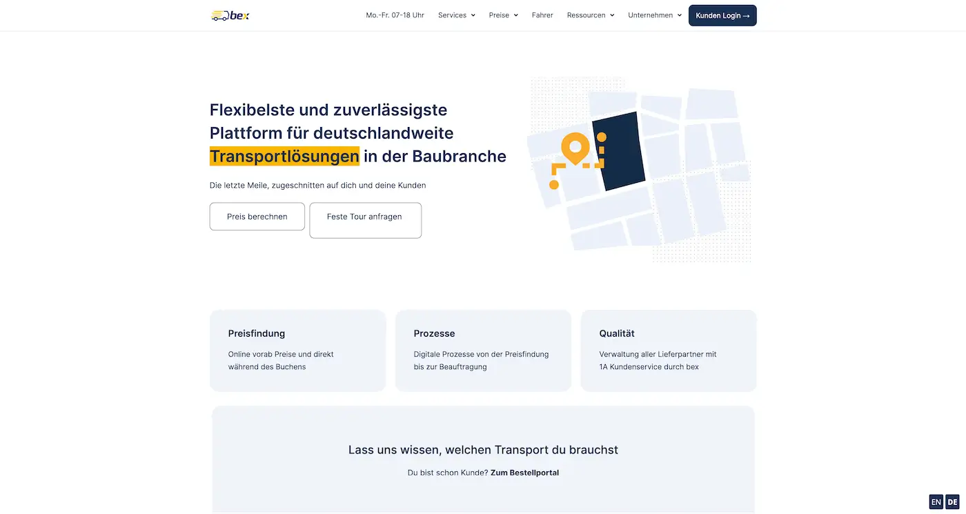 Screenshot der Webseite des Startups Bex