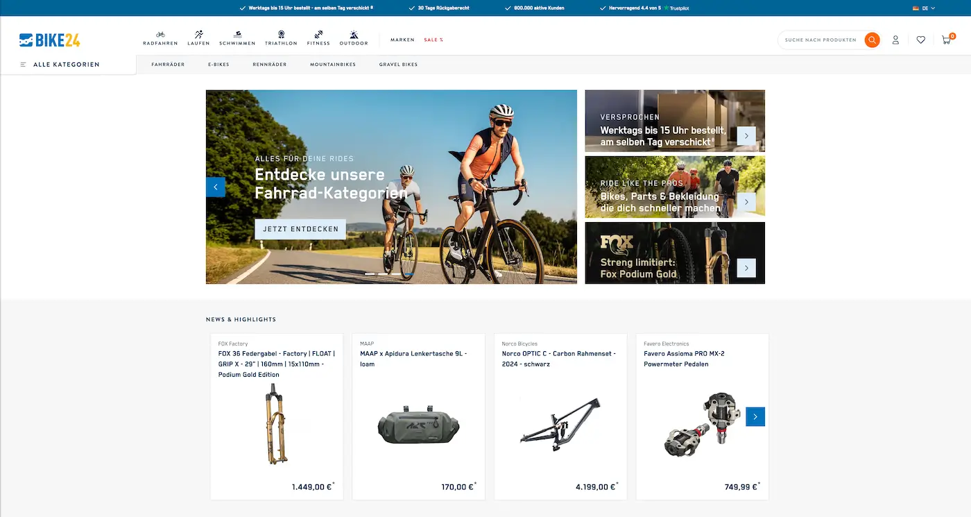Screenshot der Webseite des Startups Bike24