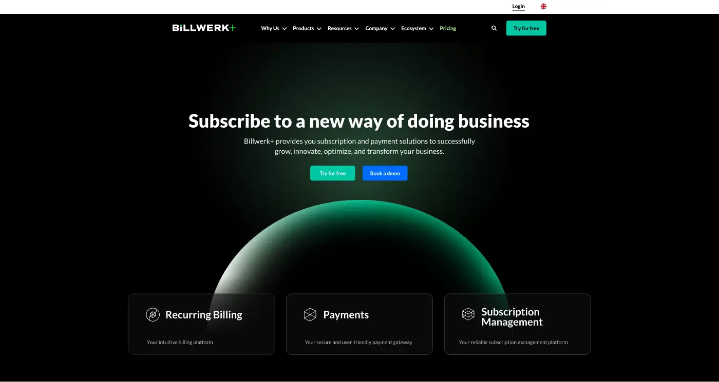 Screenshot der Webseite des Startups Billwerk+