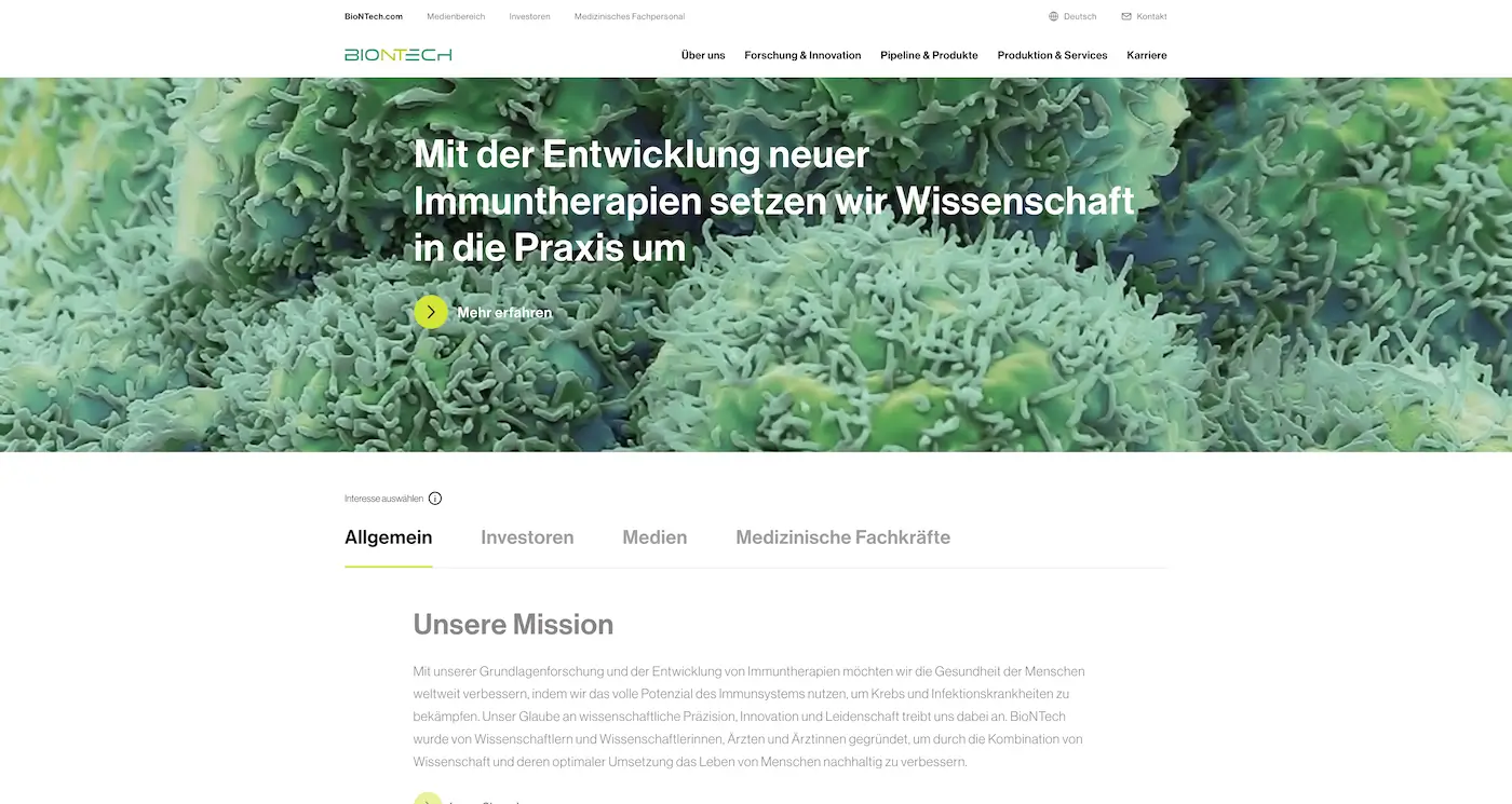 Screenshot der Webseite des Startups BioNTech
