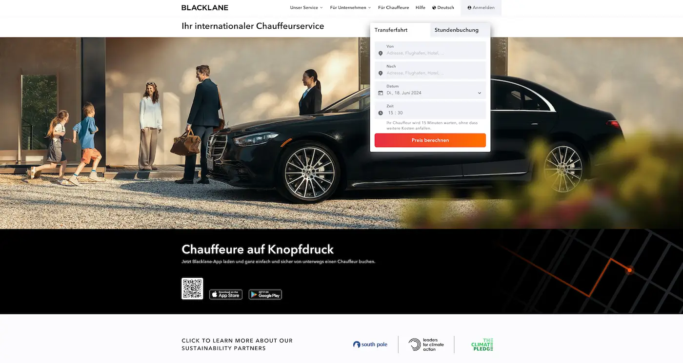Screenshot der Webseite des Startups Blacklane.