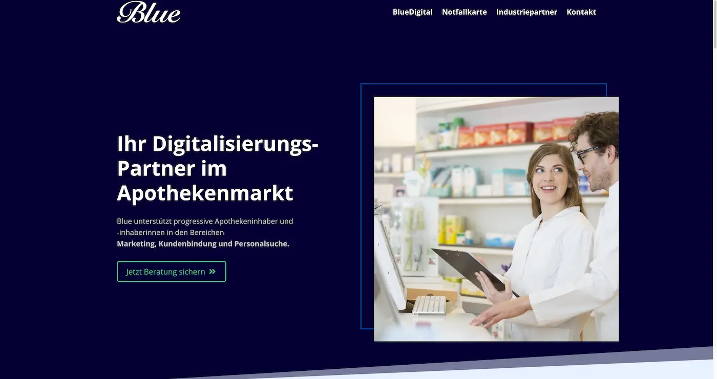 Screenshot der Webseite des Startups Blue