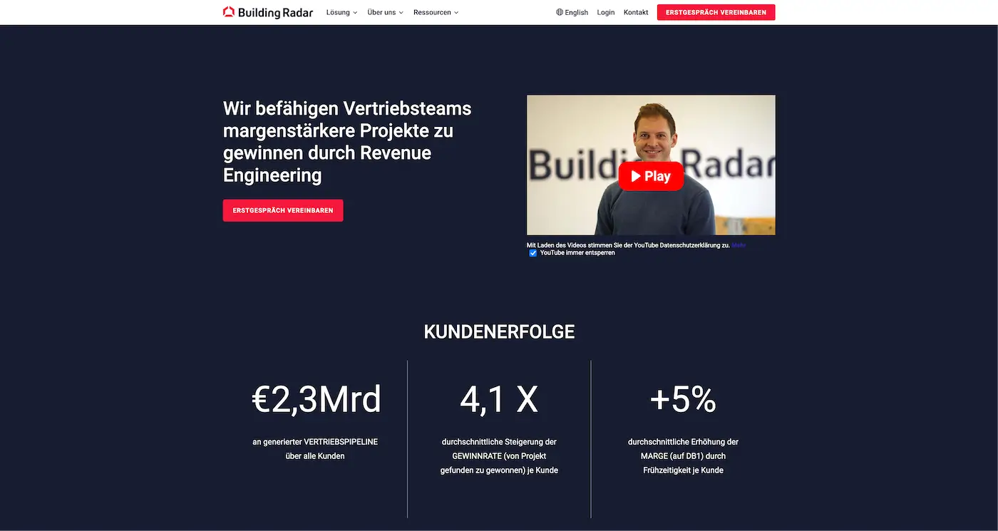 Screenshot der Webseite des Startups Building Radar