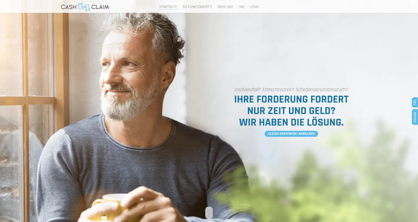 Screenshot der Webseite des Startups Cash for Claim