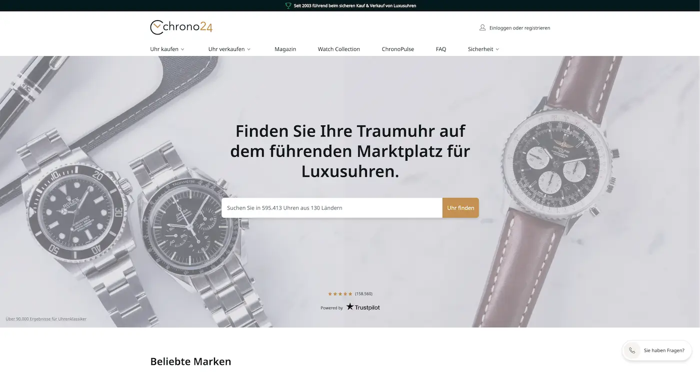 Screenshot der Webseite des Startups Chrono24