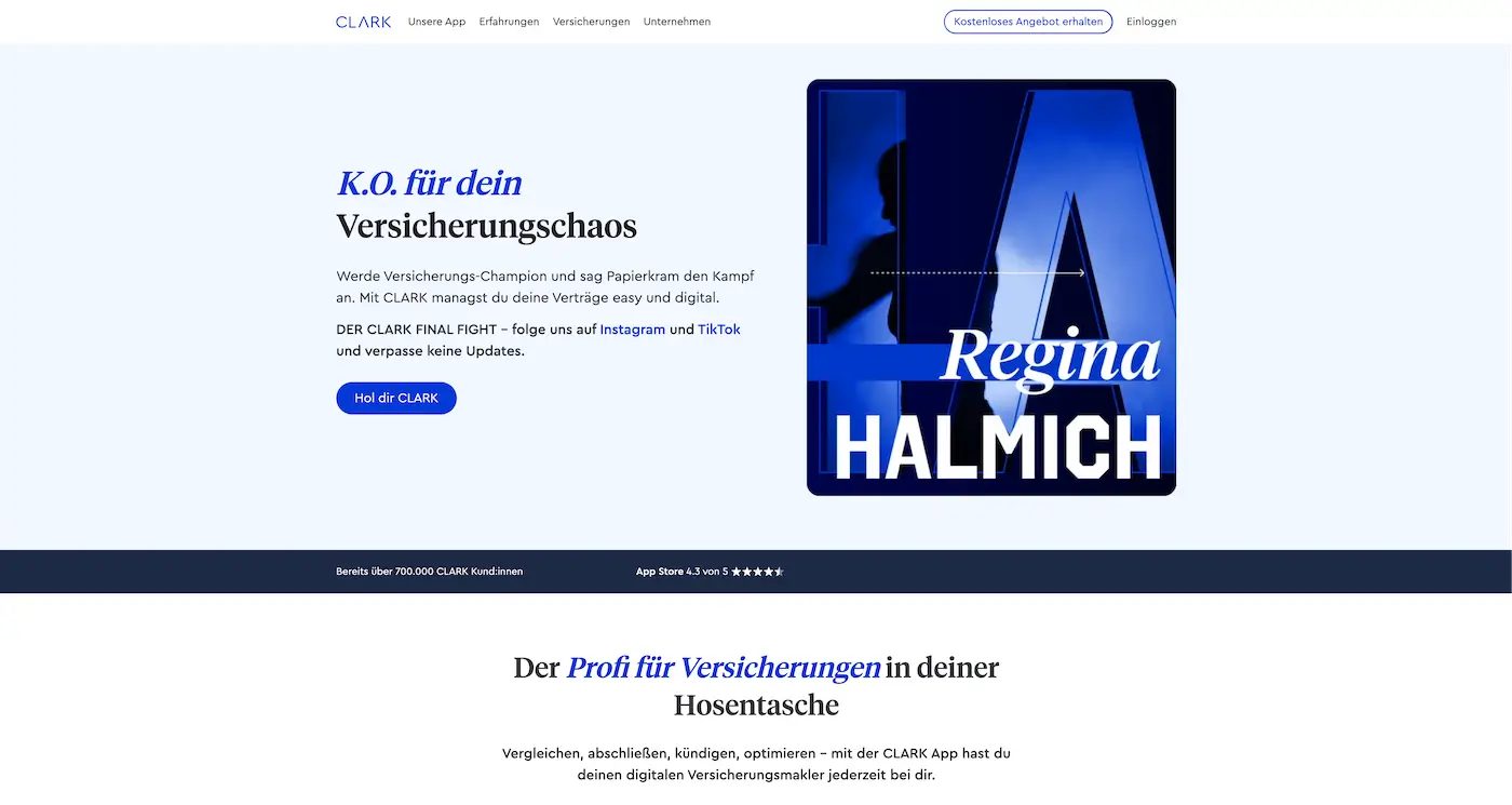 Screenshot der Webseite des Startups Clark