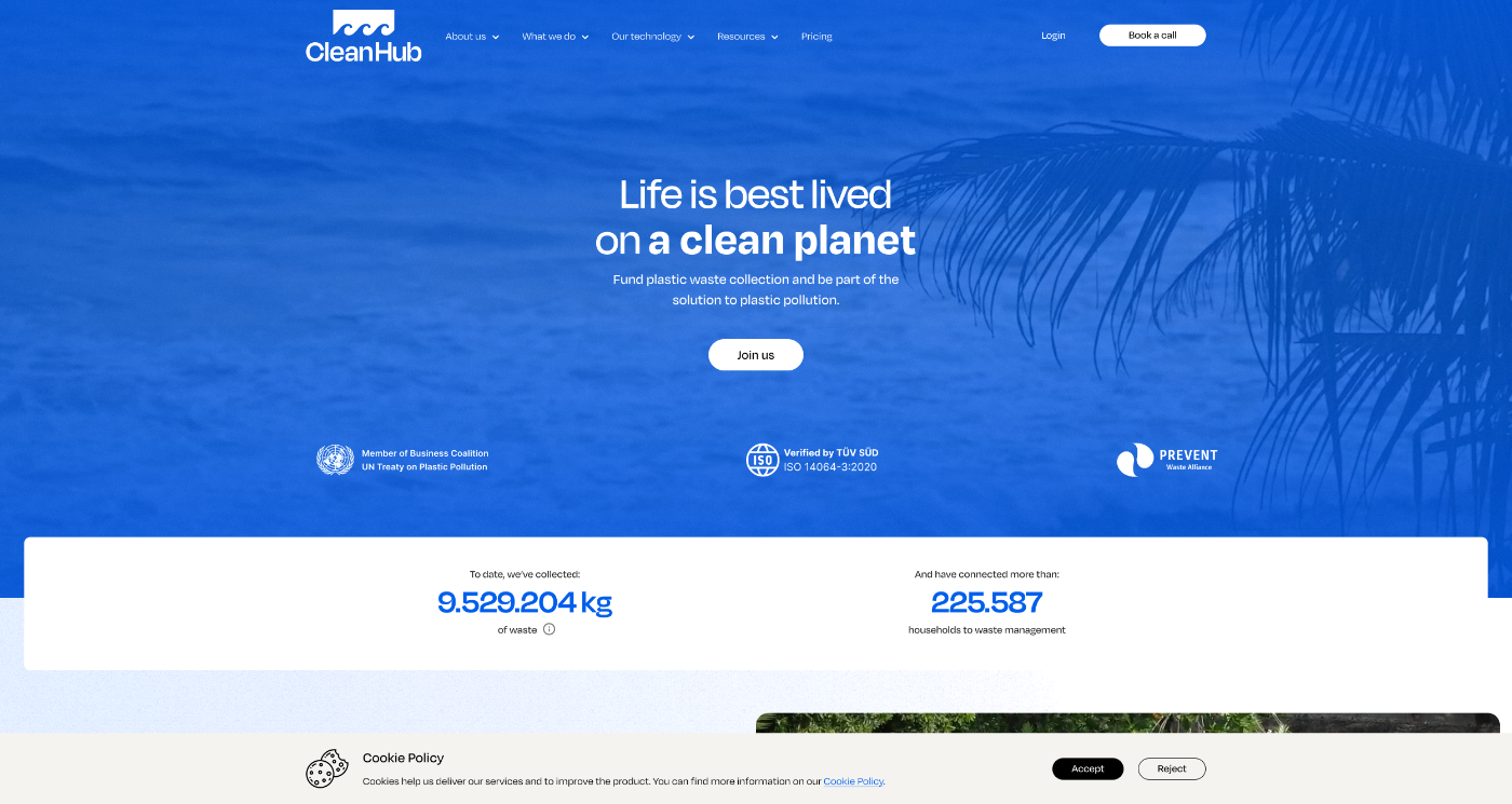 Screenshot der Webseite des Startups CleanHub