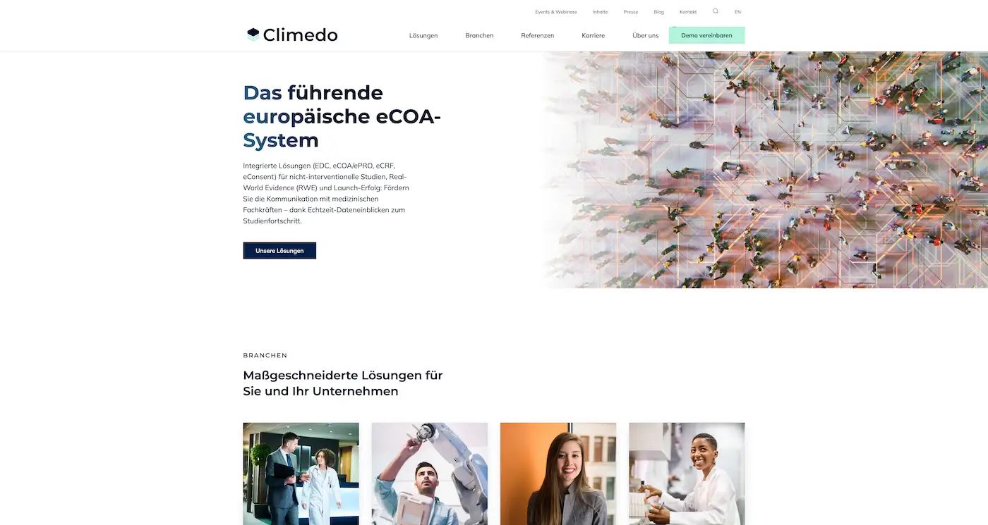 Screenshot der Webseite des Startups Climedo Health