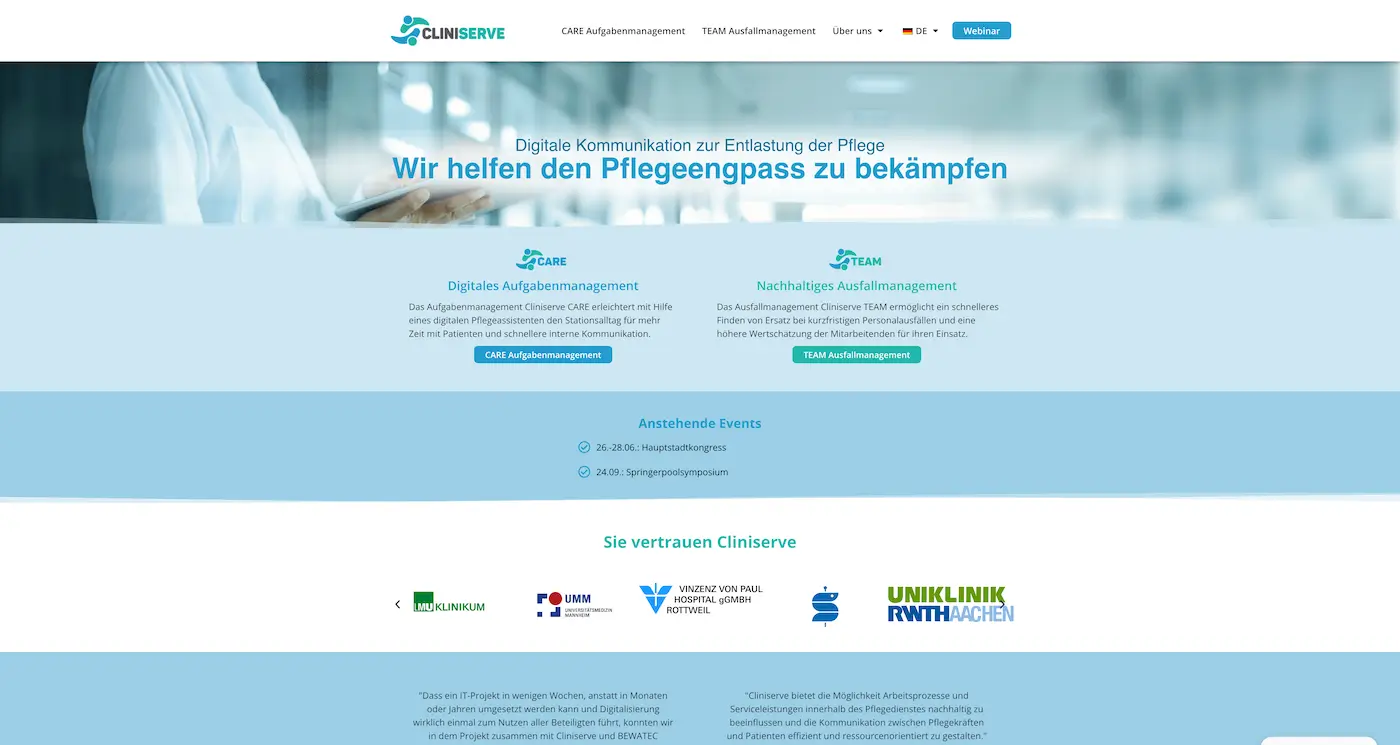 Screenshot der Webseite des Startups Cliniserve