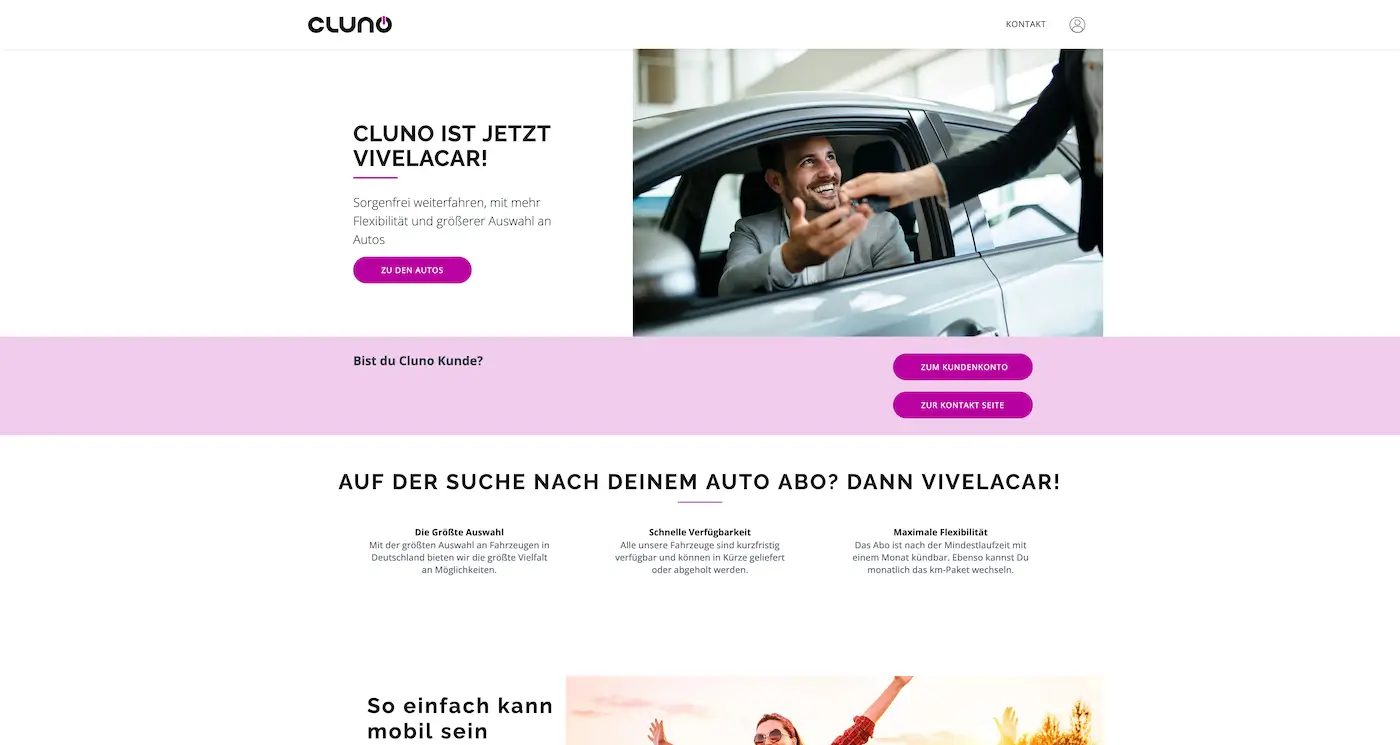 Screenshot der Webseite des Startups Cluno