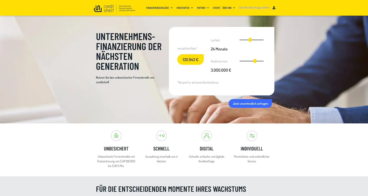 Screenshot der Webseite des Startups creditshelf