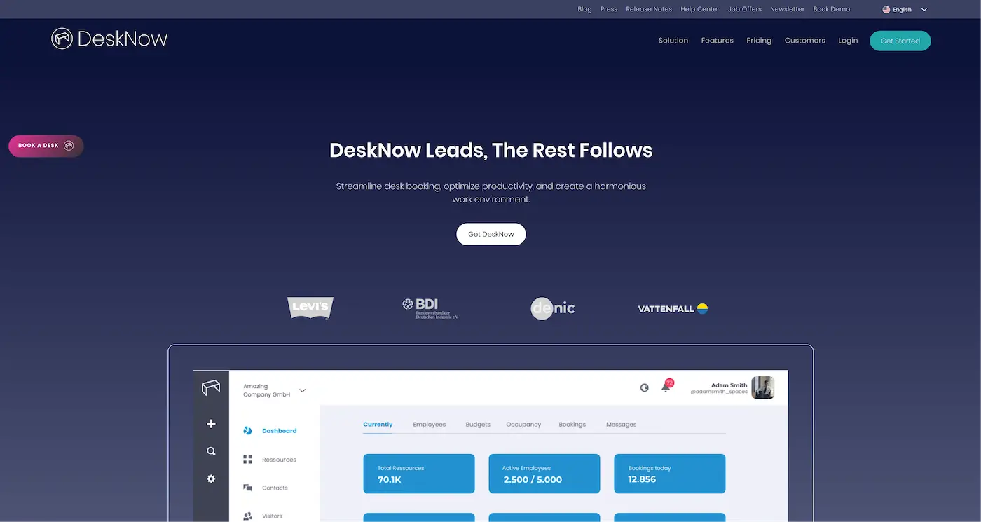 Screenshot der Webseite des Startups DeskNow