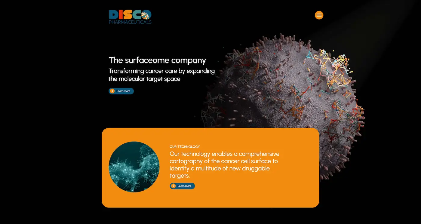 Screenshot der Webseite des Startups DISCO Pharmaceuticals
