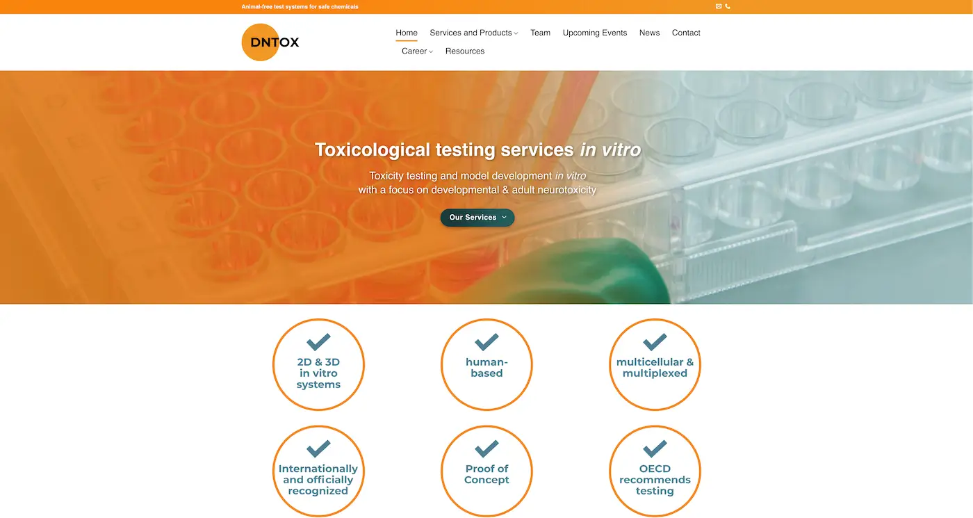 Screenshot der Webseite des Startups DNTOX