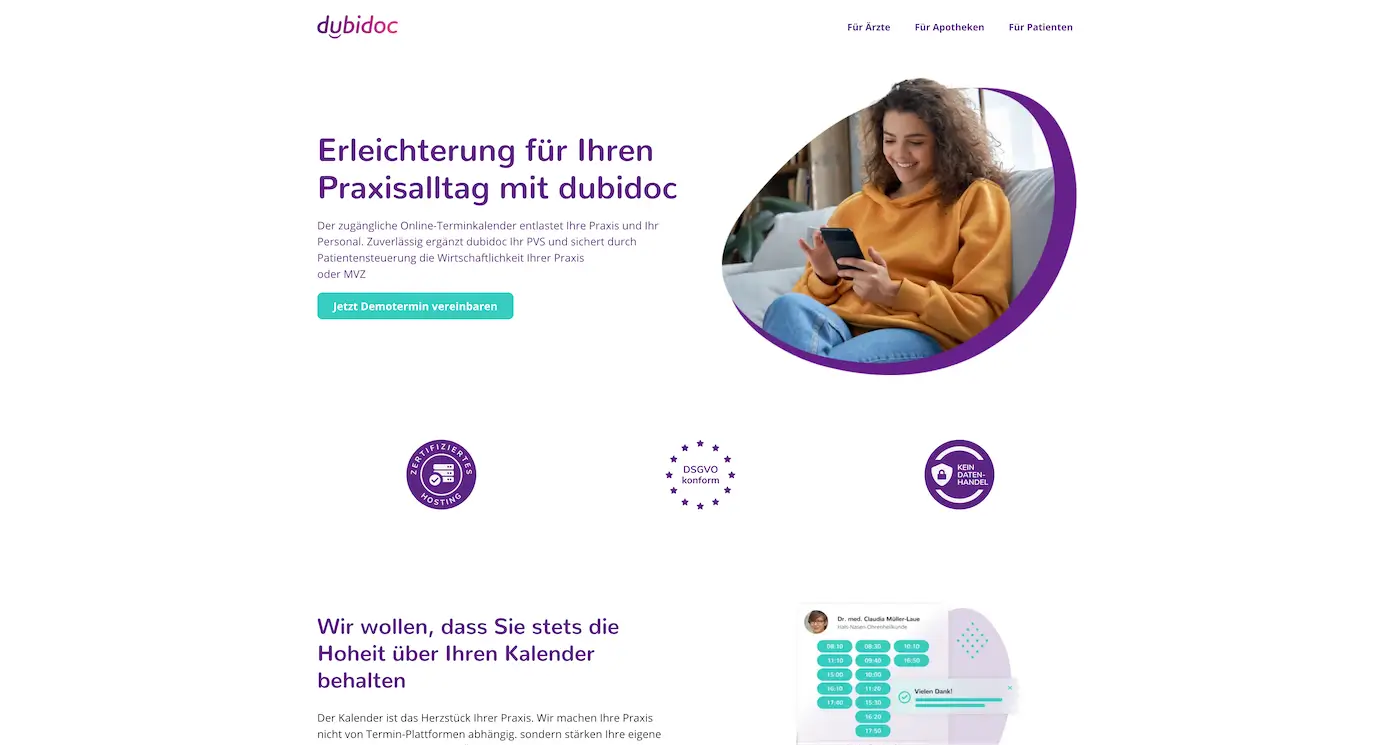 Screenshot der Webseite des Startups Dubidoc