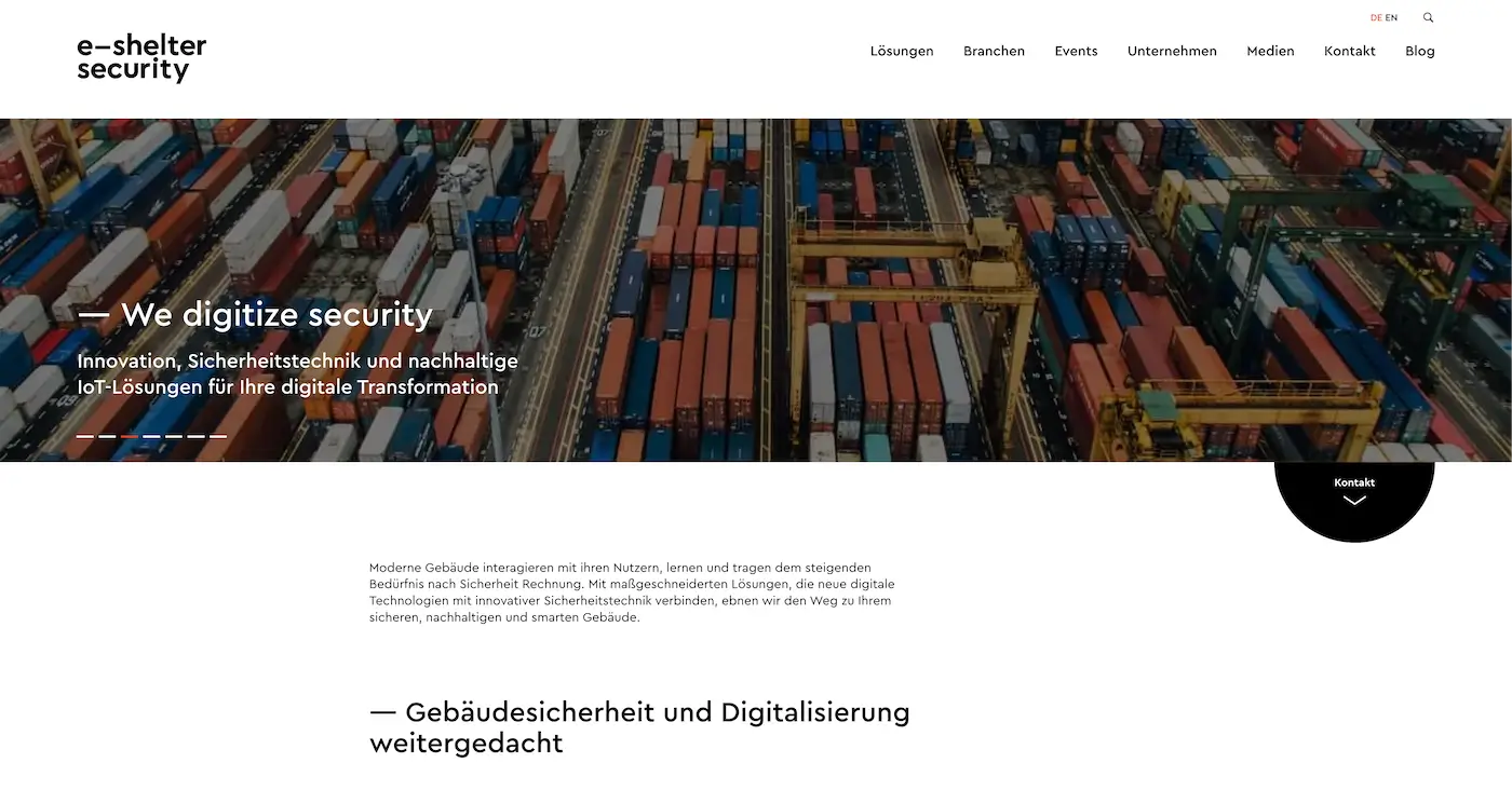 Screenshot der Webseite des Startups e-shelter security