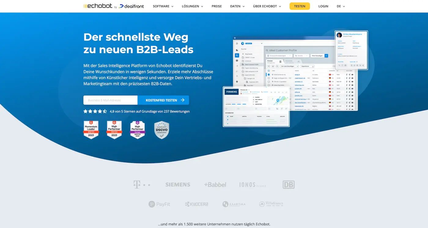 Screenshot der Webseite des Startups Echobot