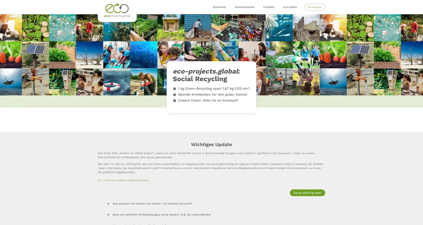Screenshot der Webseite des Startups Eco Projects