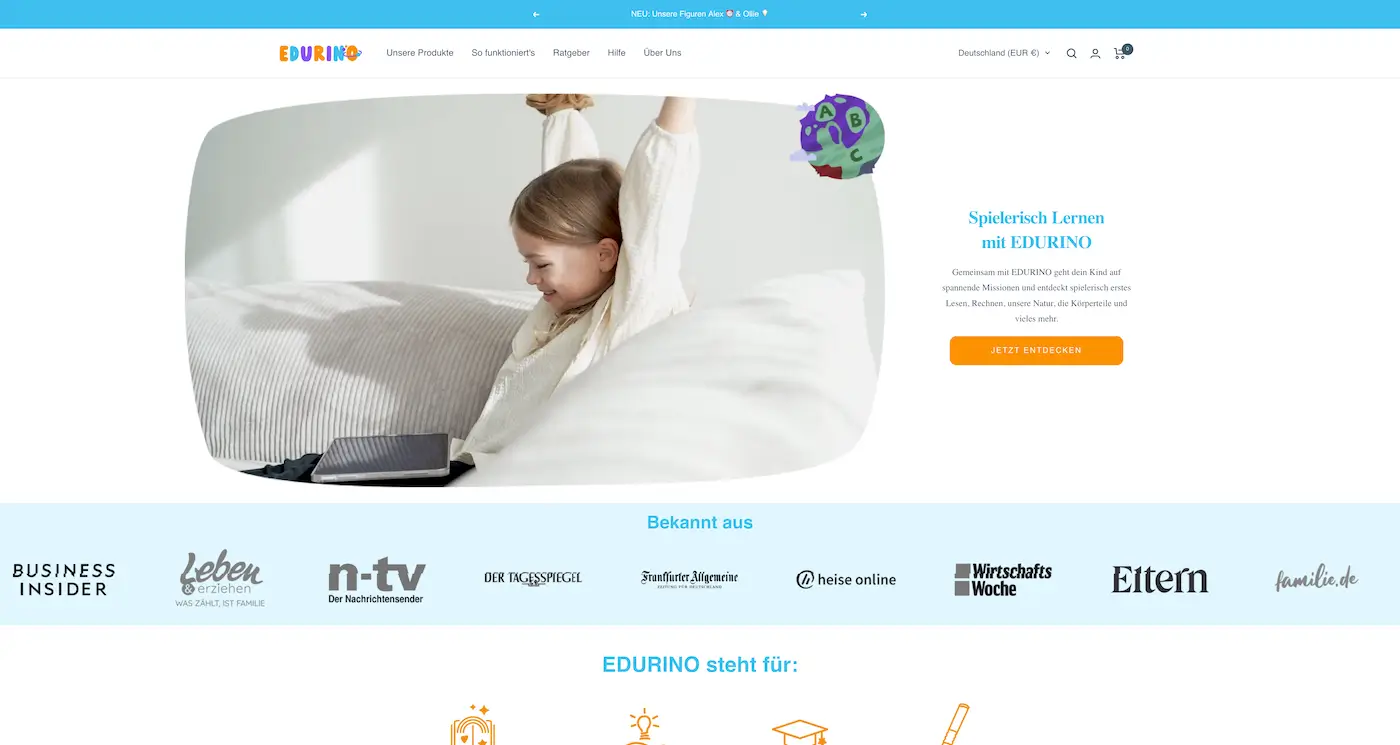 Screenshot der Webseite des Startups edurino