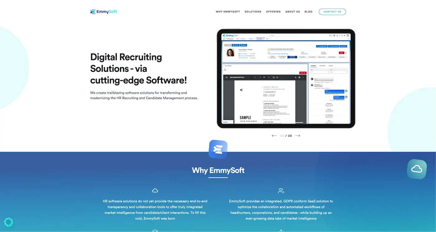 Screenshot der Webseite des Startups EmmySoft