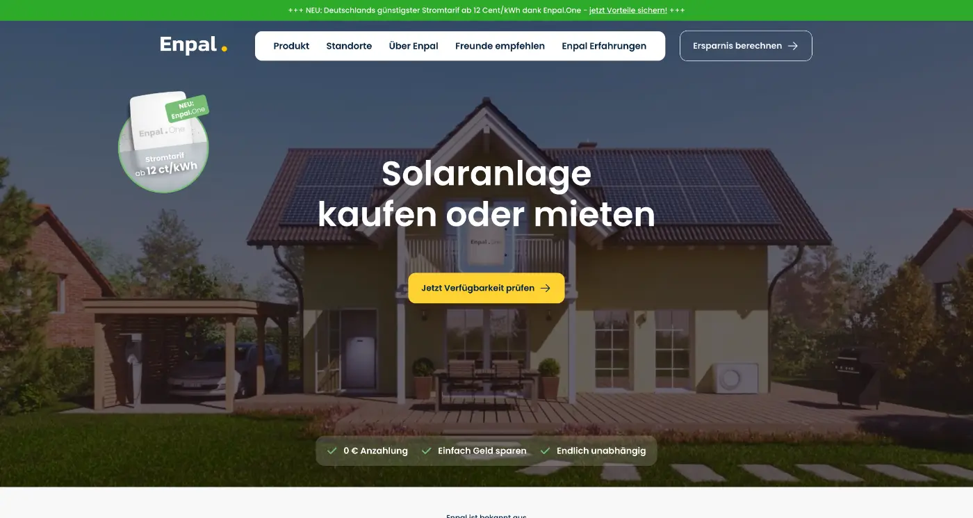 Screenshot der Webseite des Startups Enpal