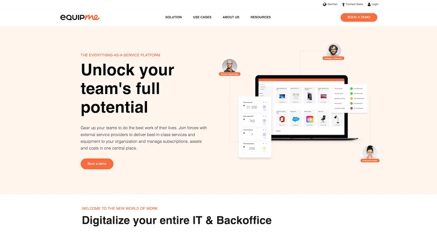 Screenshot der Webseite des Startups equipme