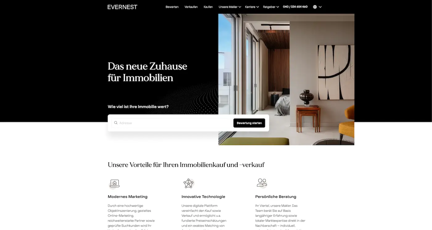 Screenshot der Webseite des Startups Evernest