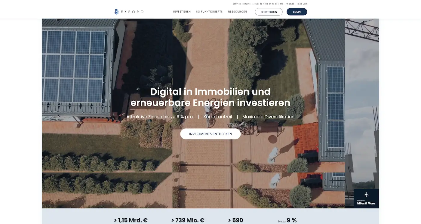 Screenshot der Webseite des Startups Exporo.