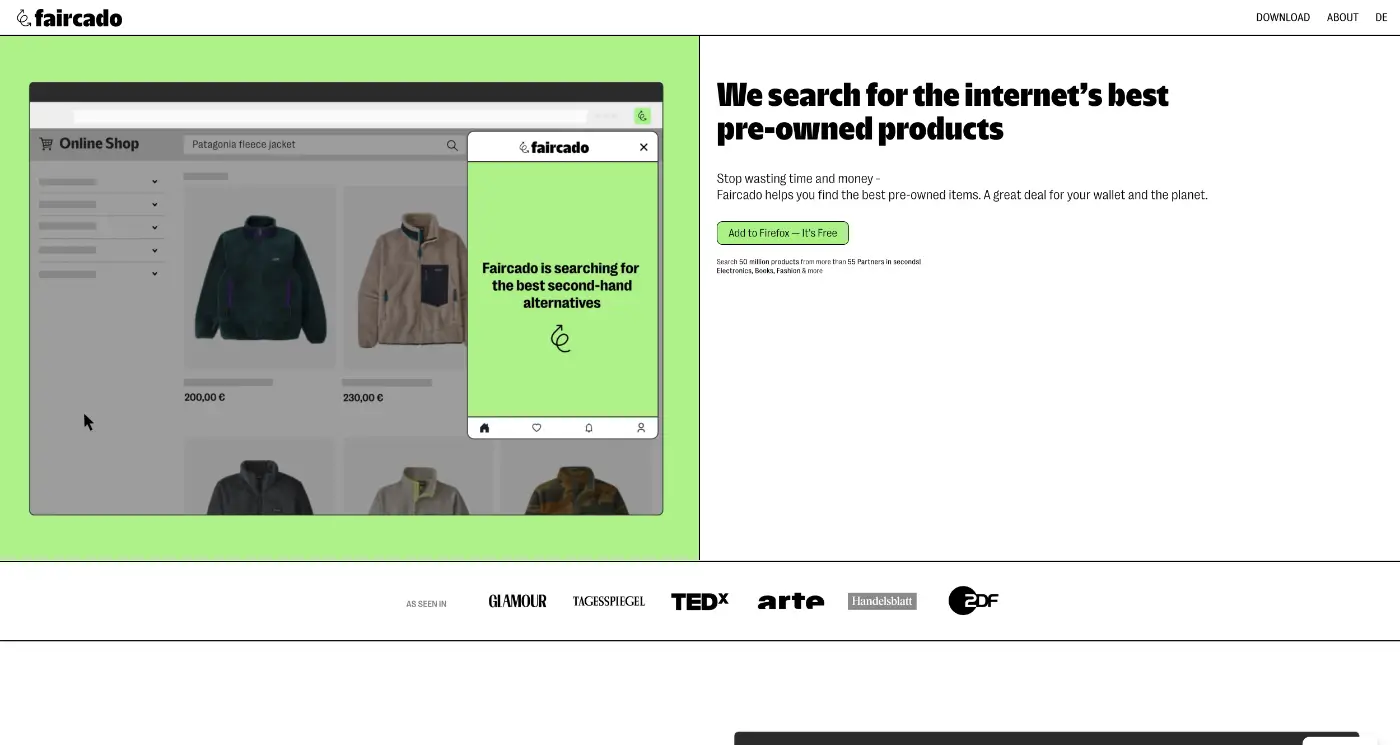 Screenshot der Webseite des Startups Faircado