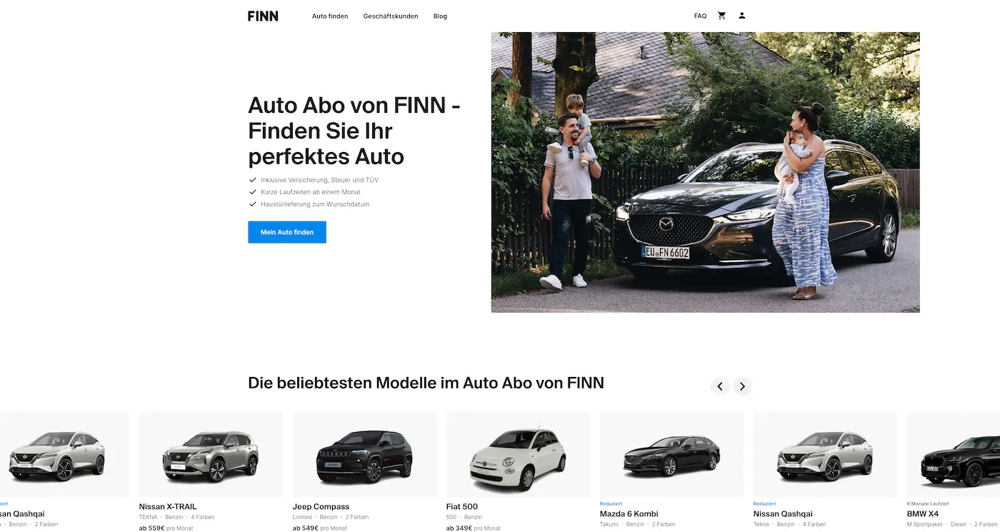 Screenshot der Webseite des Startups FINN