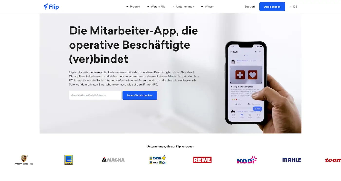 Screenshot der Webseite des Startups Flip
