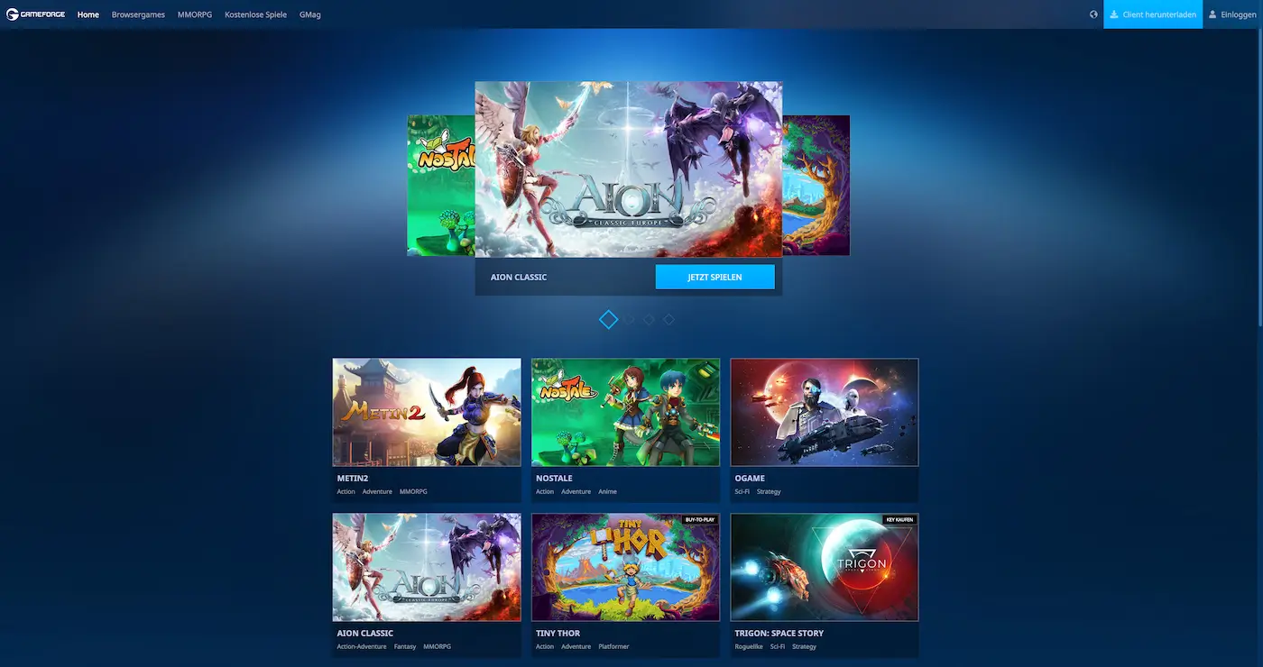 Screenshot der Webseite des Startups Gameforge