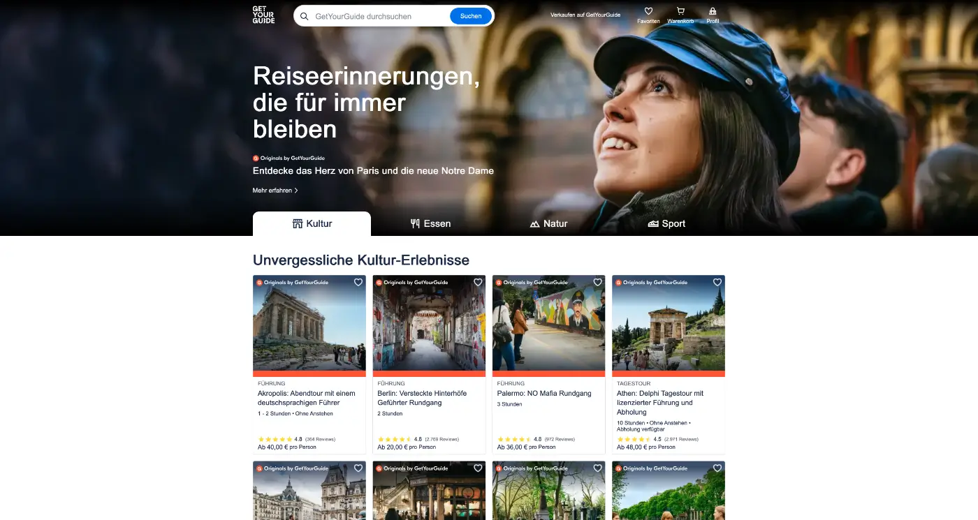 Screenshot der Webseite des Startups GetYourGuide