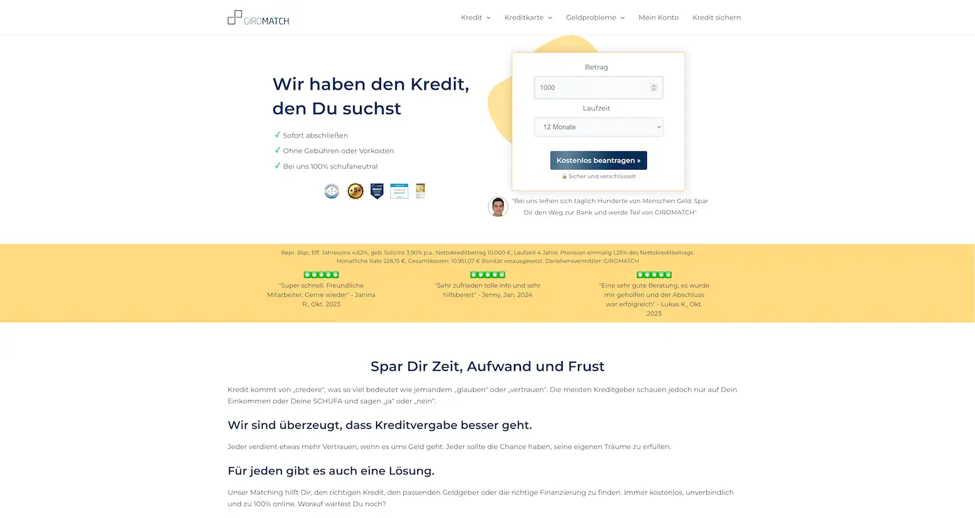 Screenshot der Webseite des Startups GIROMATCH