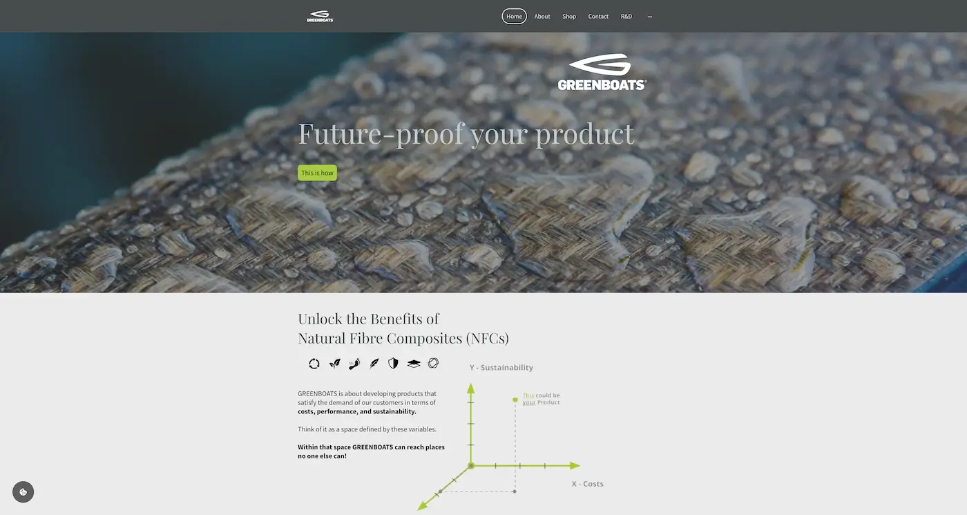 Screenshot der Webseite des Startups Greenboats