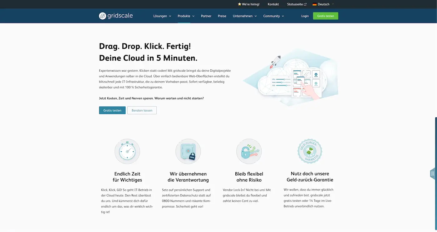 Screenshot der Webseite des Startups Gridscale