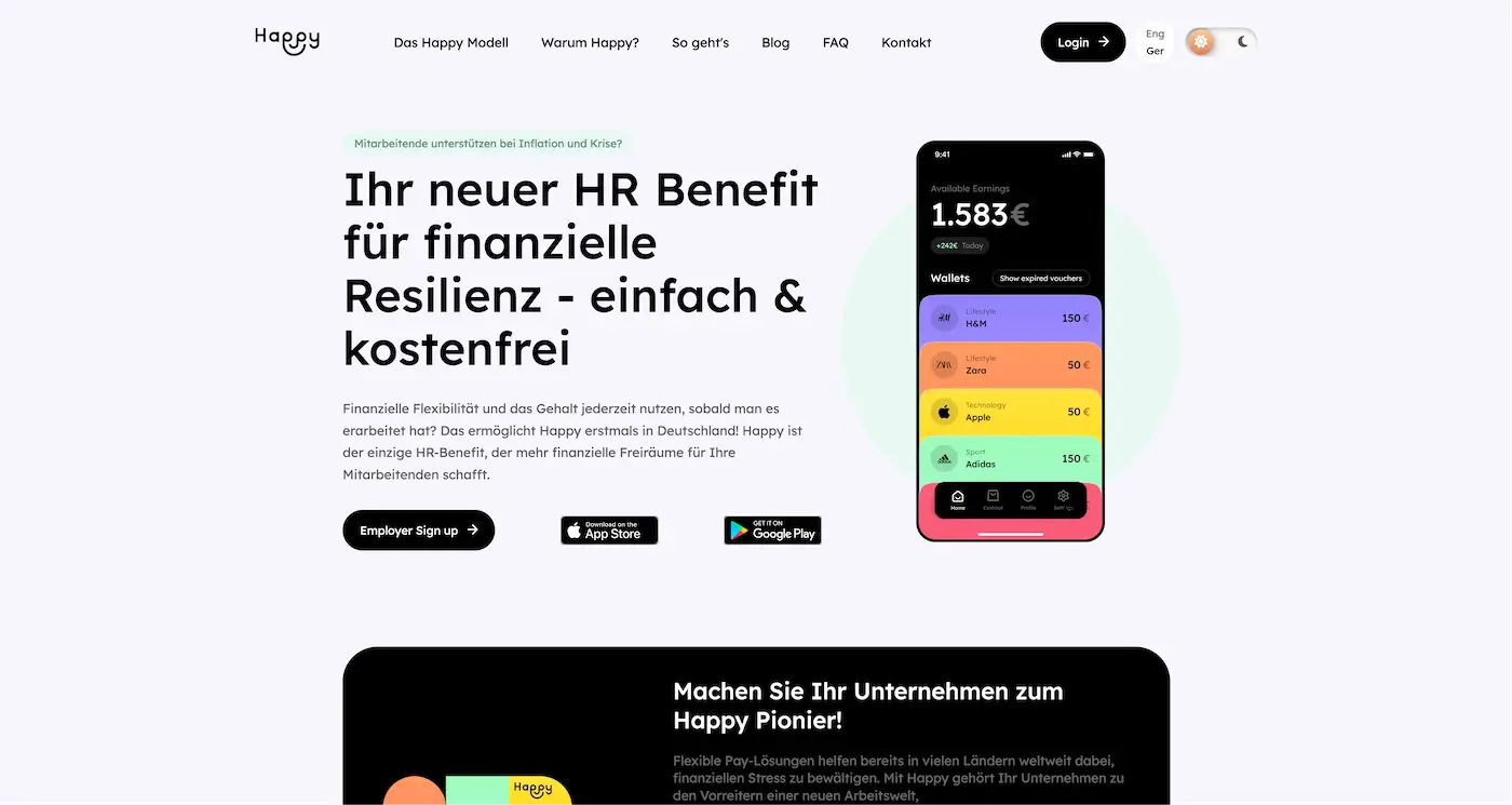 Screenshot der Webseite des Startups Happy