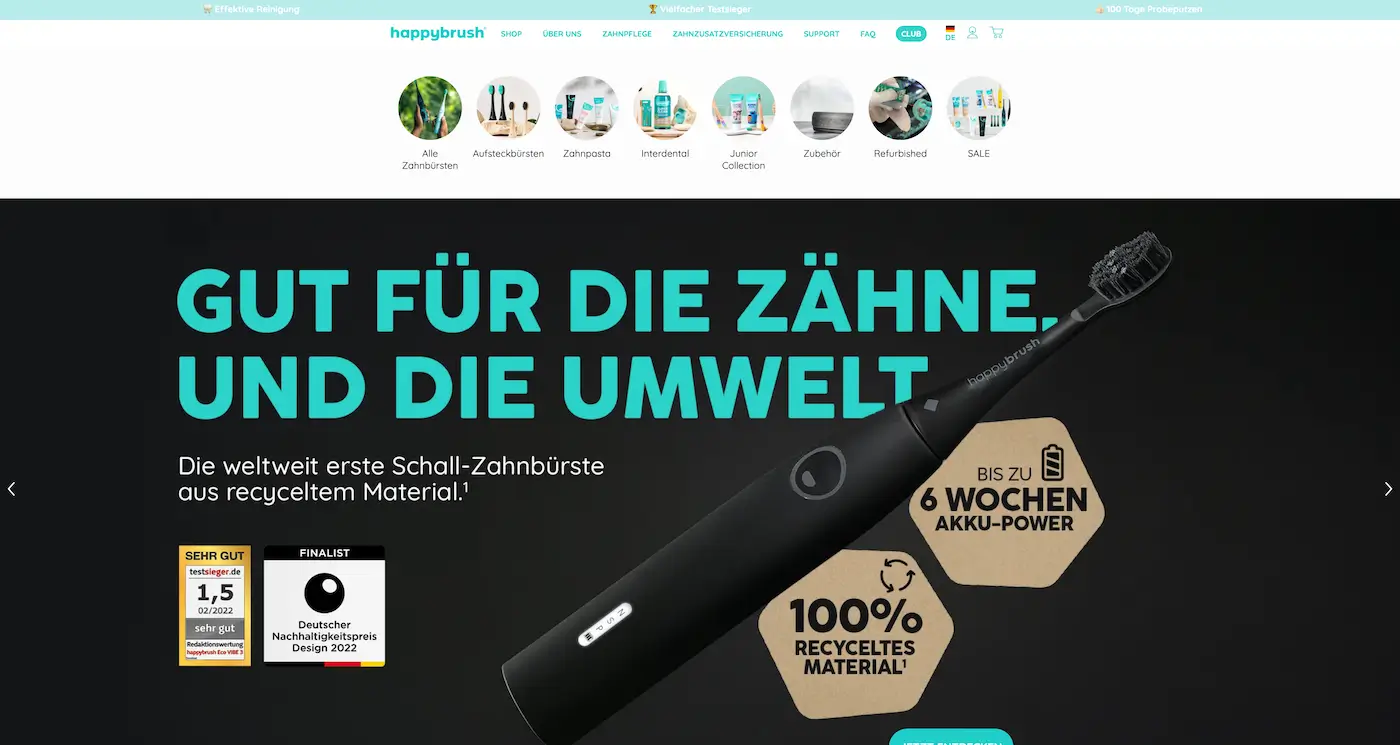Screenshot der Webseite des Startups happybrush