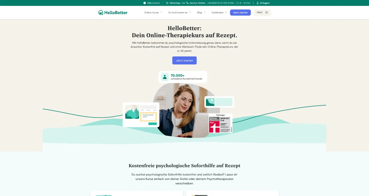Screenshot der Webseite des Startups HelloBetter