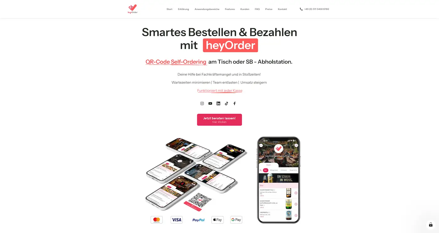 Screenshot der Webseite des Startups heyOrder