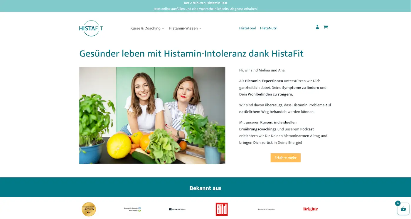 Screenshot der Webseite des Startups HistaFit