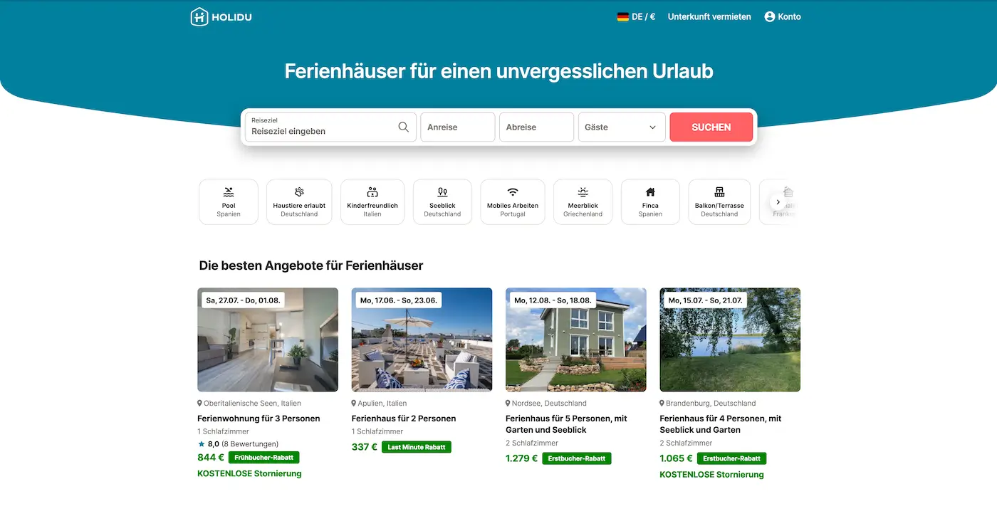 Screenshot der Webseite des Startups Holidu