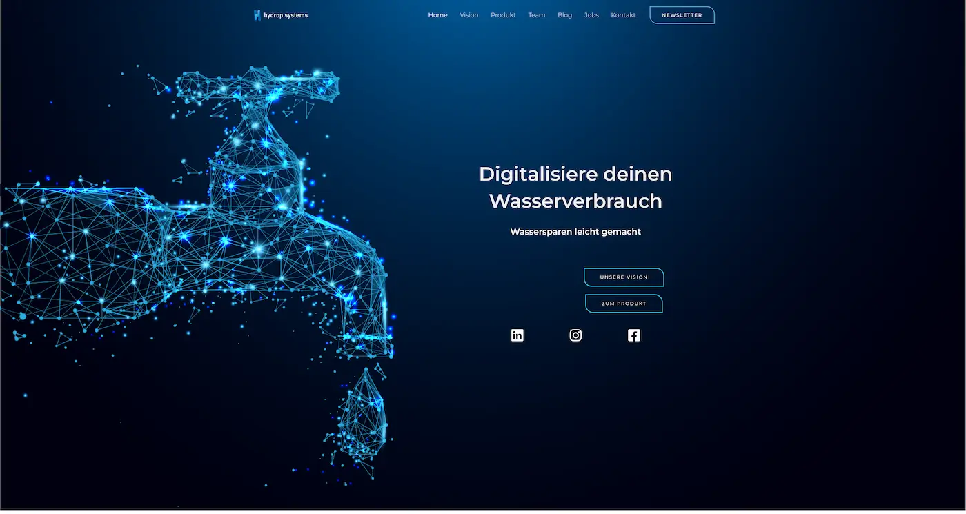 Screenshot der Webseite des Startups Hydrop Systems